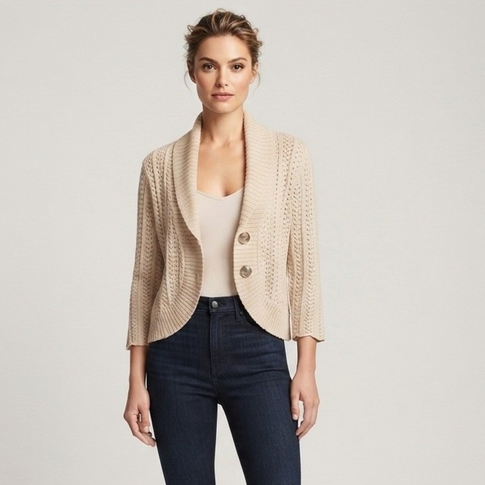 J. Jill Tan Pointelle Knit Shawl Collar Cardigan Sweater Beige Petite Medium PM